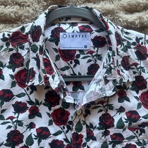 Empyre White Button-Up Shirt with Red Rose Print